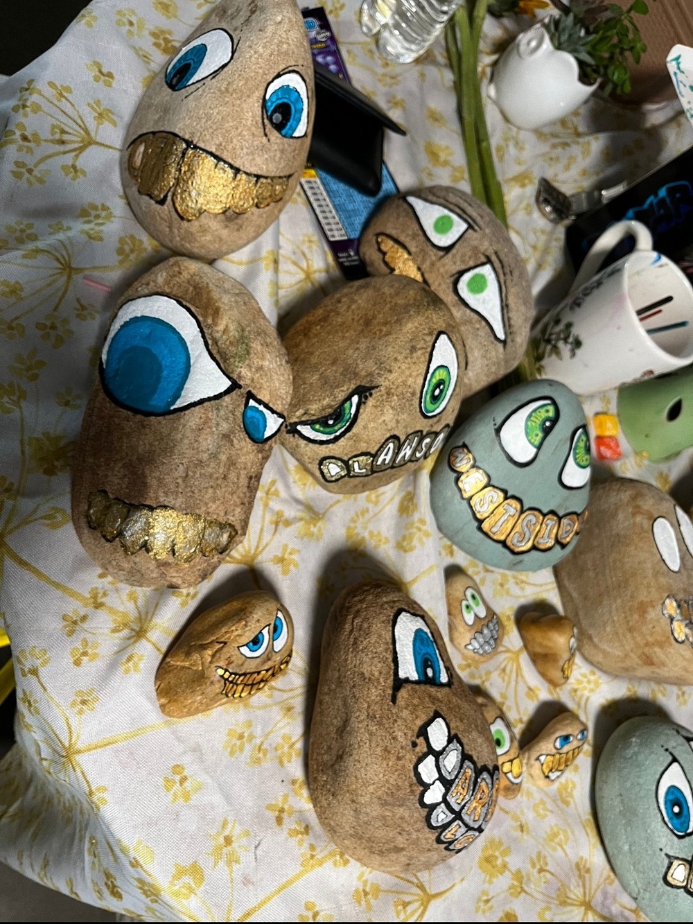 SET OF 5 Hand Painted Face Rocks - Decorative Cartoon Stones